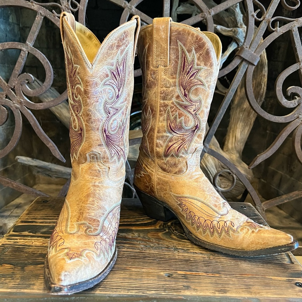 RARE Vintage Corral  Eagle Cognac Tan Burgundy/olive detail Cowboy Boots 8.5M - Picture 9 of 15